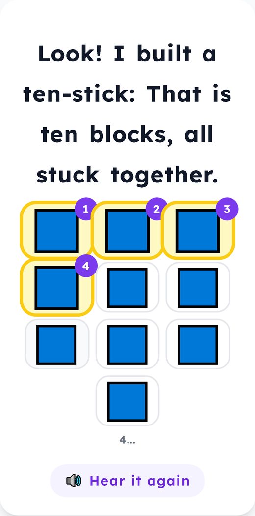 A kindergarten card: ten blue blocks, four of them tapped and numbered 1 to 4