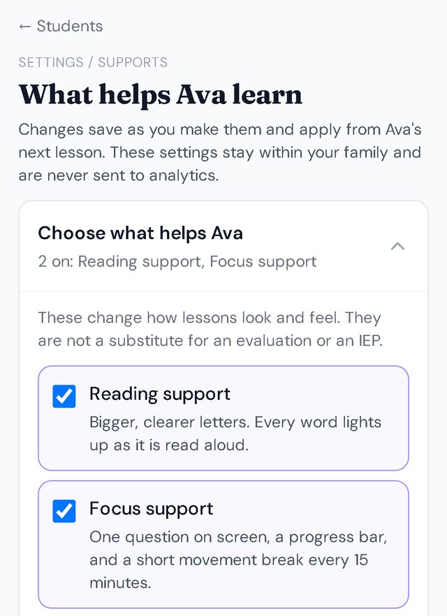 The Learning Supports page for a child, with Reading support and Focus support switched on